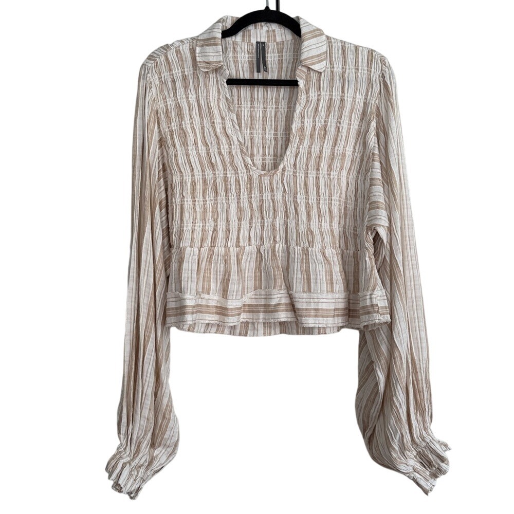 Anthropologie Striped Smocked V-Neck Crop Top Tan White XS
